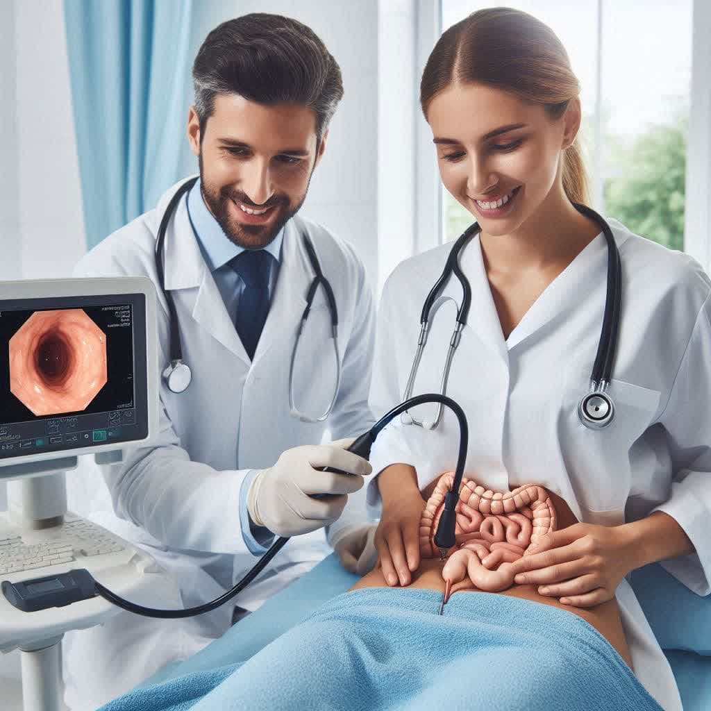 متخصص کونولوسکوپی در حال انجام ازمایش برای بیمار است متخصص کونولوسکوپی در حال انجام ازمایش برای بیمار است