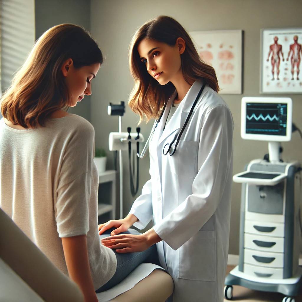 معاینه بیمار در مطب توسط پزشک پزشک در مطب خود بیمار را معاینه می کند