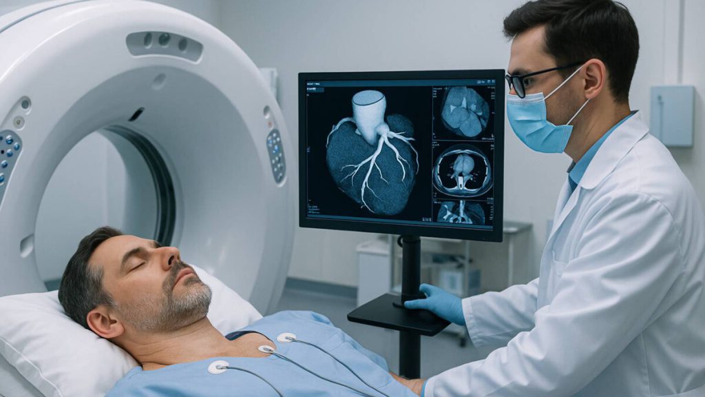 پزشک در حال انجام سی تی آنژیو قلب برای بیمار