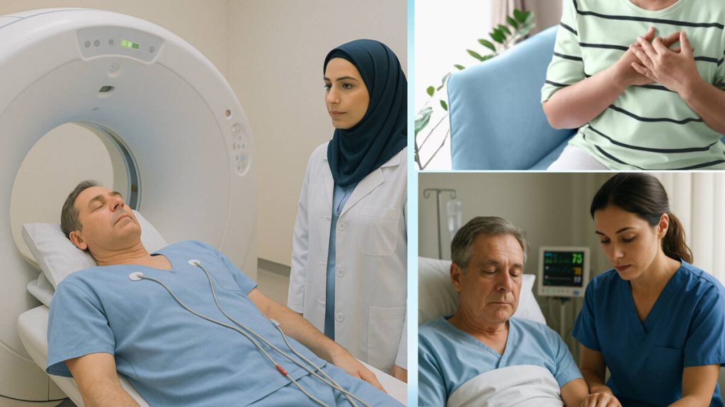 انجام سی تی آنژیو قلب برای فردی که دچار درد قلب شده است. انجام سی تی آنژیو قلب برای فردی که بیماری قلبی دارد.