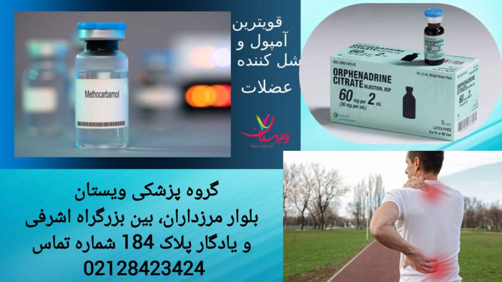 آمپول متوکاربامول برای رفع گرفتگی عضلات کمر نمایی از آمپول متوکاربامول و فردی که دچار گرفتگی عضلات کمر شده است.