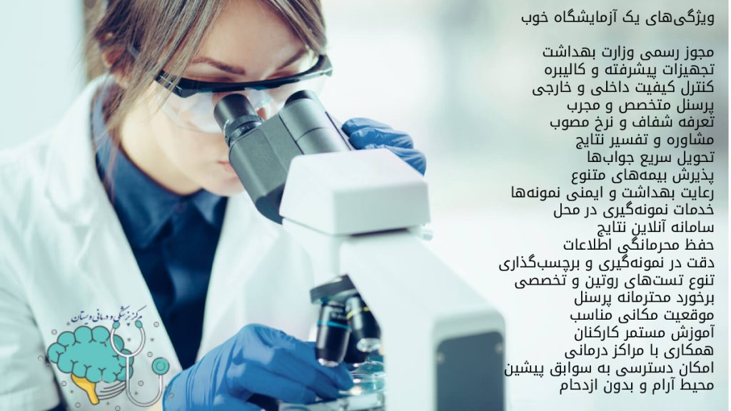 ویژگی های بهترین آزمایشگاه در این تصویری لیستی از ویژگی های آزمایشگاه خوب آورده شده است. در کنار یک تکنسین آزمایش در حال مشاهده میکروسکوپ